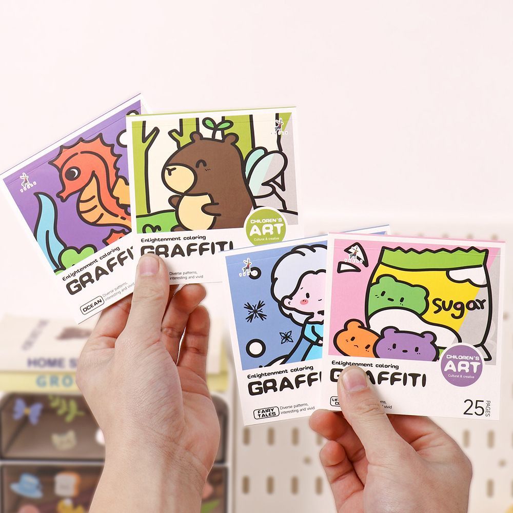 Mini Coloring Book for Kids Adults, Pocket Size Portable Activity Book with Cute Animal & Food Patterns, 25 Pages Single-Sided Drawing Pad Compatible with Acrylic Markers, Travel Art Supplies Gift