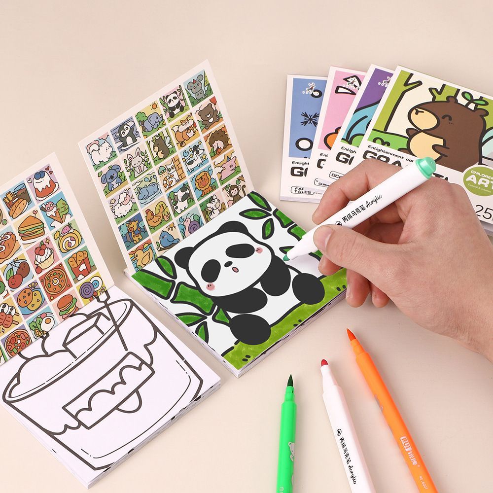 Mini Coloring Book for Kids Adults, Pocket Size Portable Activity Book with Cute Animal & Food Patterns, 25 Pages Single-Sided Drawing Pad Compatible with Acrylic Markers, Travel Art Supplies Gift
