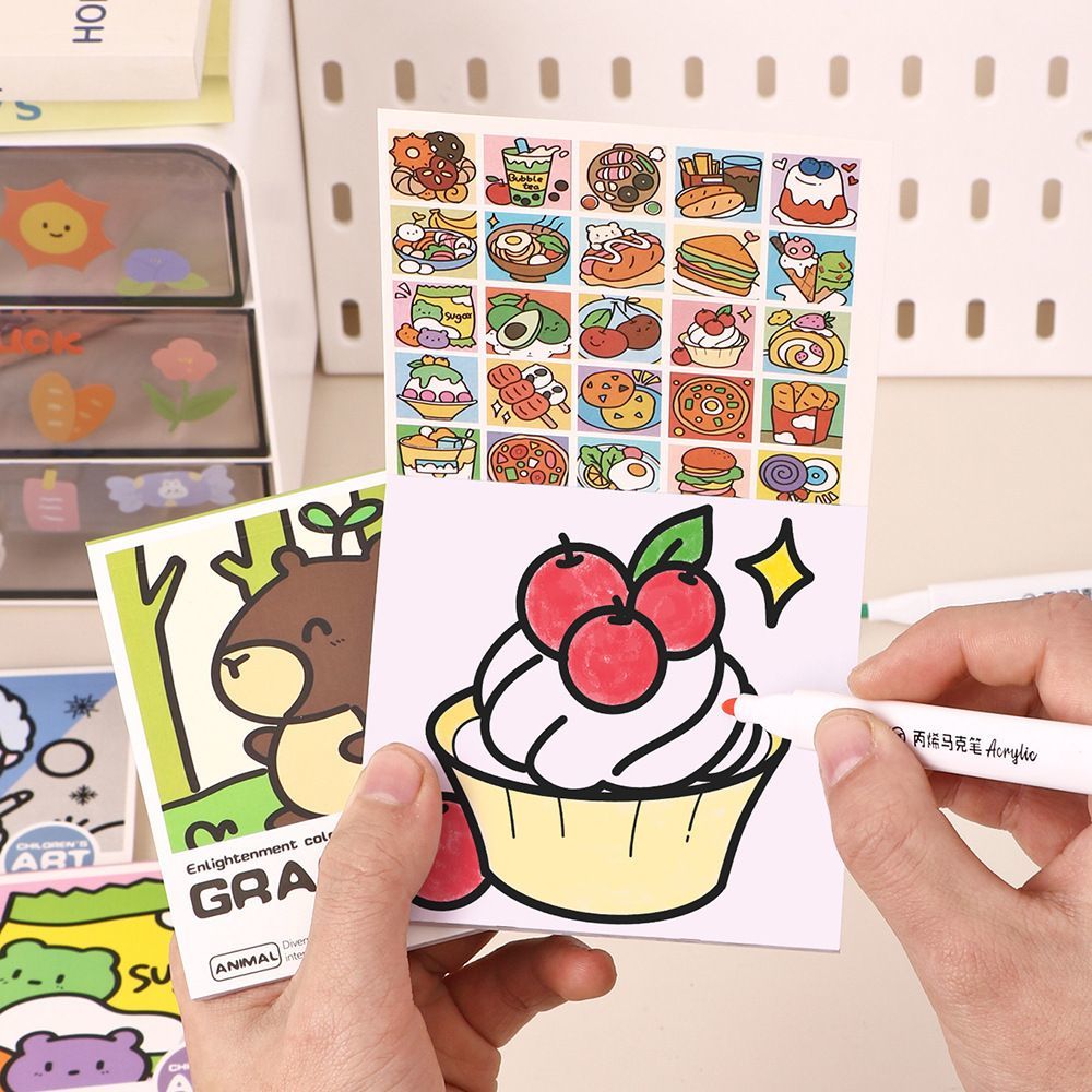 Mini Coloring Book for Kids Adults, Pocket Size Portable Activity Book with Cute Animal & Food Patterns, 25 Pages Single-Sided Drawing Pad Compatible with Acrylic Markers, Travel Art Supplies Gift