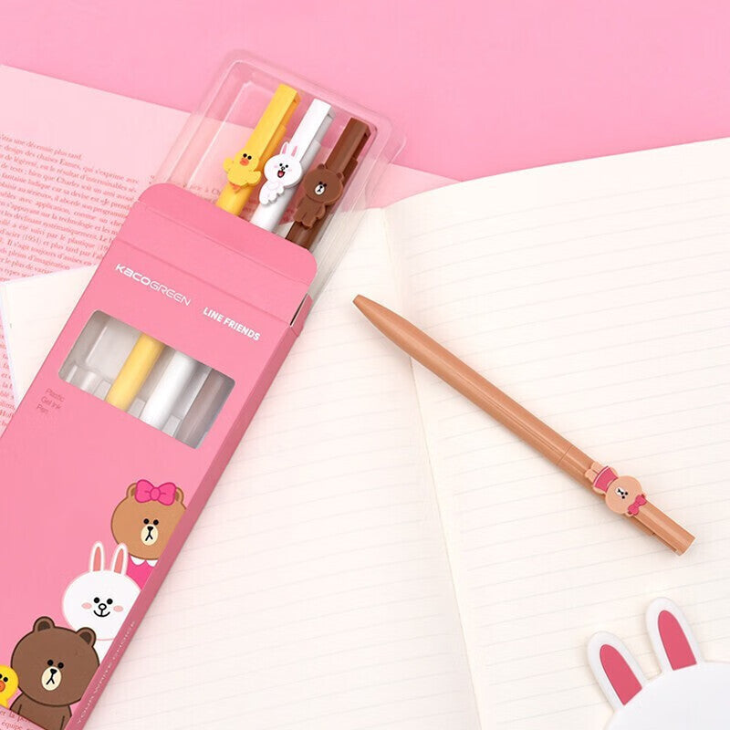 KACO × LINE FRIENDS Gel Pen Set | 4-Pack | 0.5mm Black Ink | Kawaii Character Stationery