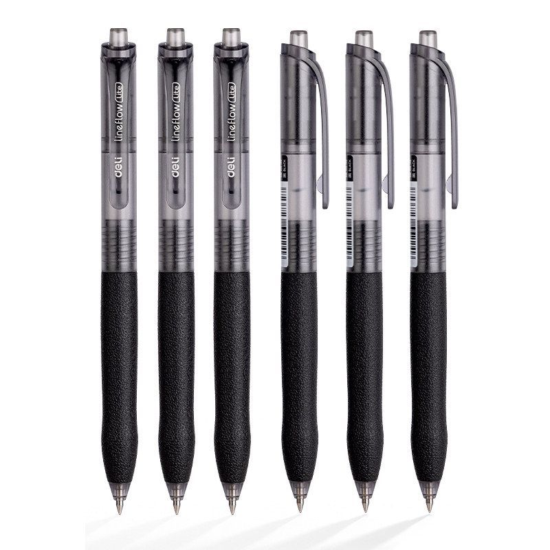Deli Black Gel Pens Pack of 6 – Retractable Click Ballpoint Pens for Students, Exam Writing, Smooth Black Ink 0.5mm Fine Point