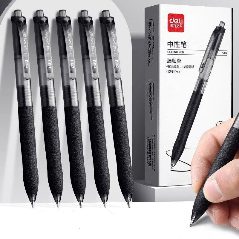 Deli Black Gel Pens Pack of 6 – Retractable Click Ballpoint Pens for Students, Exam Writing, Smooth Black Ink 0.5mm Fine Point