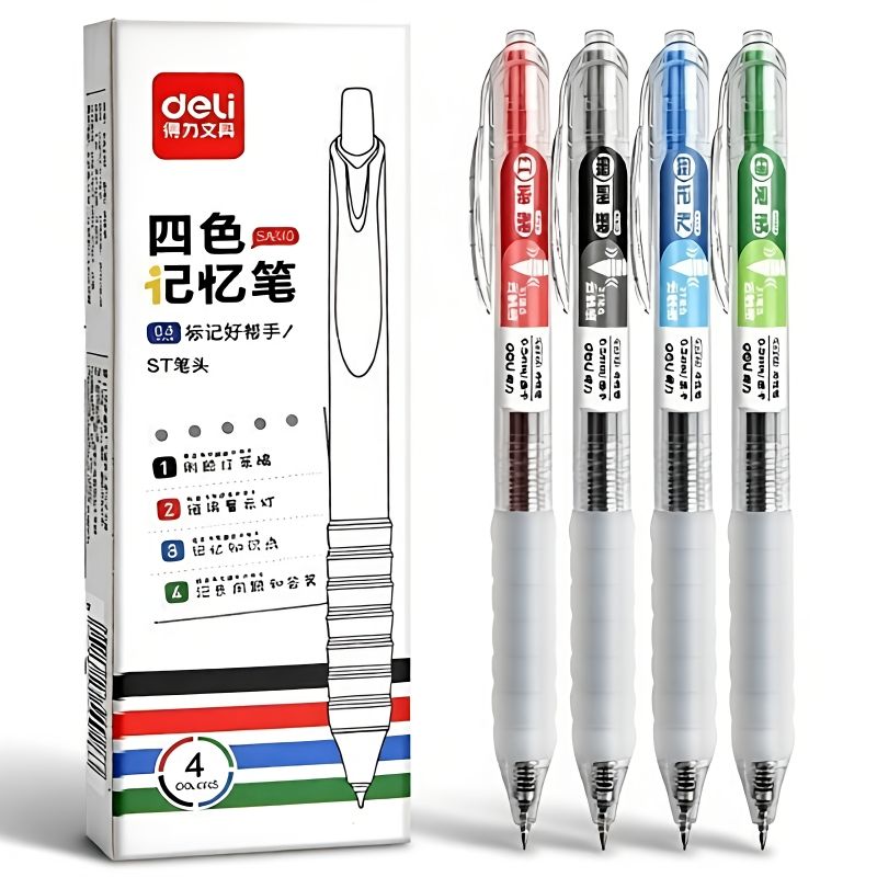 Deli 4-Colour Retractable Gel Pen Set | Fast-Dry ST Tip Multicolour Ballpoint Pens for Note-Taking & Studying