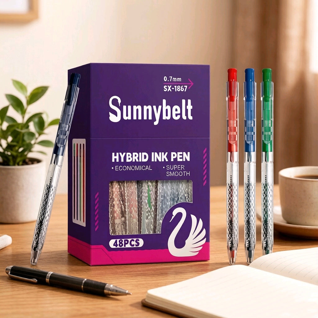 Sunnybelt SX-1867 Hybrid Ink Pen 48-Pack – 0.7mm Super Smooth Retractable Ballpoint Pen Mixed Colours | Economical Bulk Office & School Writing Pen Set