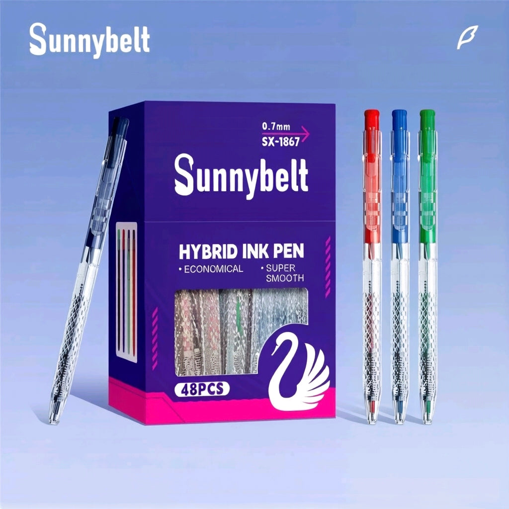 Sunnybelt SX-1867 Hybrid Ink Pen 48-Pack – 0.7mm Super Smooth Retractable Ballpoint Pen Mixed Colours | Economical Bulk Office & School Writing Pen Set