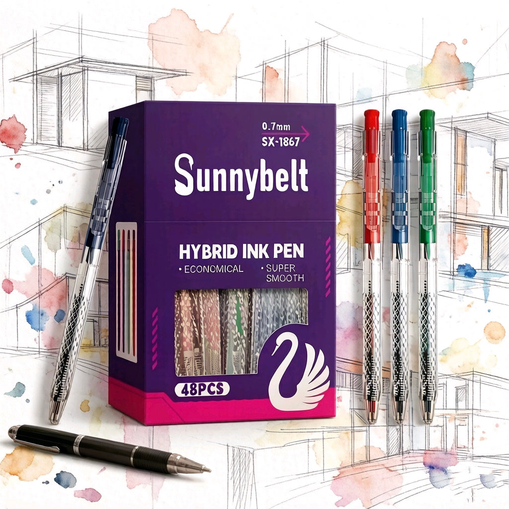 Sunnybelt SX-1867 Hybrid Ink Pen 48-Pack – 0.7mm Super Smooth Retractable Ballpoint Pen Mixed Colours | Economical Bulk Office & School Writing Pen Set
