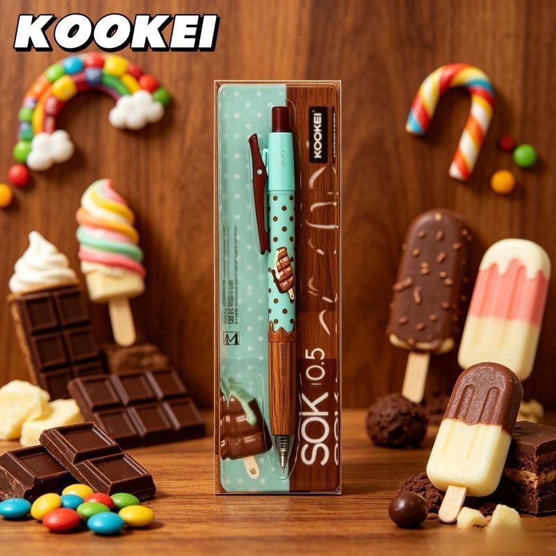 KOOKEI SOK 0.5mm Sandalwood Grip Gel Pen 2-Piece Set – Kawaii Limited Edition Chocolate Ice Cream & Rainbow Candy Design | Smooth Black Ink Retractable Writing Pen Gift