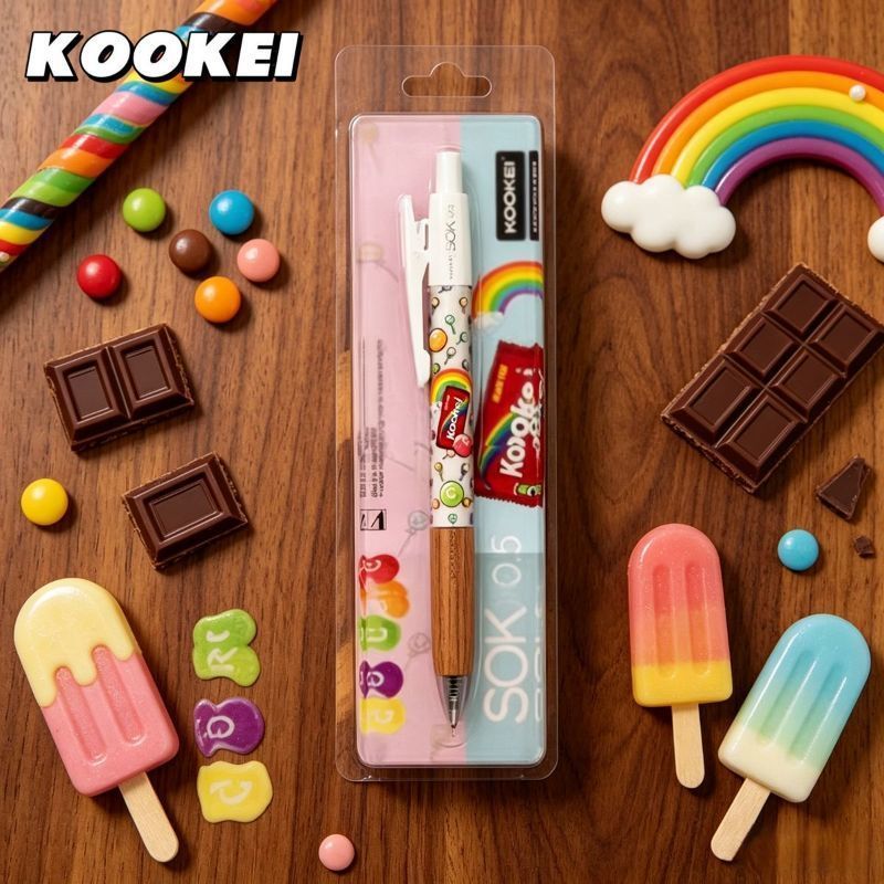 KOOKEI SOK 0.5mm Sandalwood Grip Gel Pen 2-Piece Set – Kawaii Limited Edition Chocolate Ice Cream & Rainbow Candy Design | Smooth Black Ink Retractable Writing Pen Gift