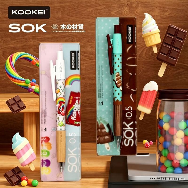 KOOKEI SOK 0.5mm Sandalwood Grip Gel Pen 2-Piece Set – Kawaii Limited Edition Chocolate Ice Cream & Rainbow Candy Design | Smooth Black Ink Retractable Writing Pen Gift