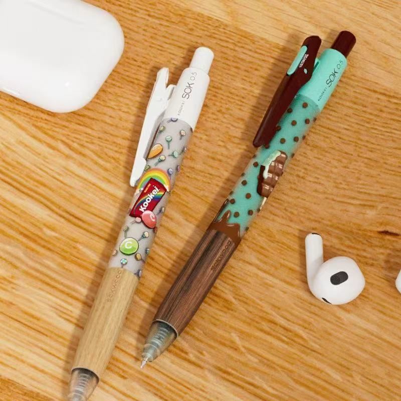 KOOKEI SOK 0.5mm Sandalwood Grip Gel Pen 2-Piece Set – Kawaii Limited Edition Chocolate Ice Cream & Rainbow Candy Design | Smooth Black Ink Retractable Writing Pen Gift
