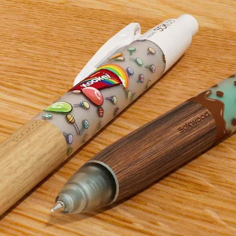 KOOKEI SOK 0.5mm Sandalwood Grip Gel Pen 2-Piece Set – Kawaii Limited Edition Chocolate Ice Cream & Rainbow Candy Design | Smooth Black Ink Retractable Writing Pen Gift