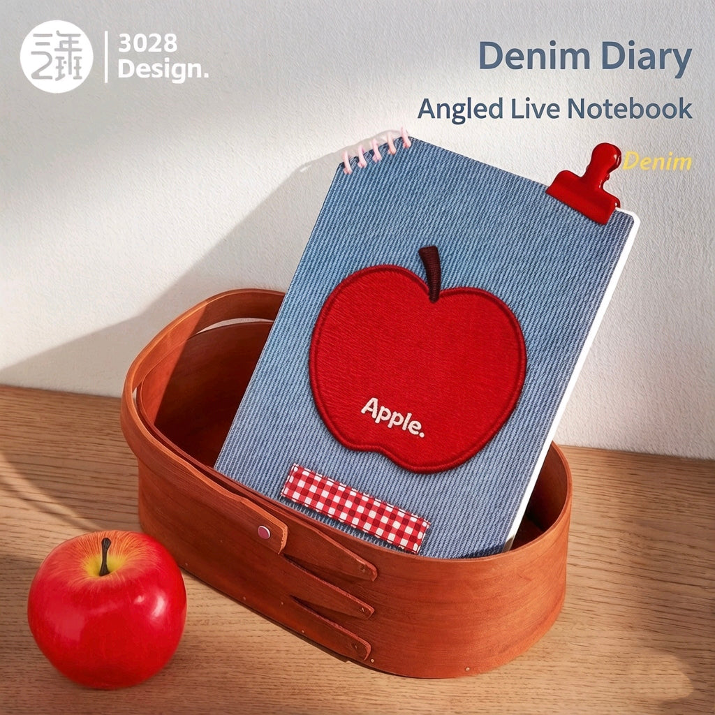 Design Denim Diary Oblique Ring Spiral Notebook 4-Pack – Kawaii Denim Patch Cover | Round Corner Ruled Notepad Set for Students | Apple, Stars, Clover & Denim Look