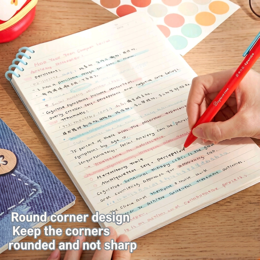 Design Denim Diary Oblique Ring Spiral Notebook 4-Pack – Kawaii Denim Patch Cover | Round Corner Ruled Notepad Set for Students | Apple, Stars, Clover & Denim Look