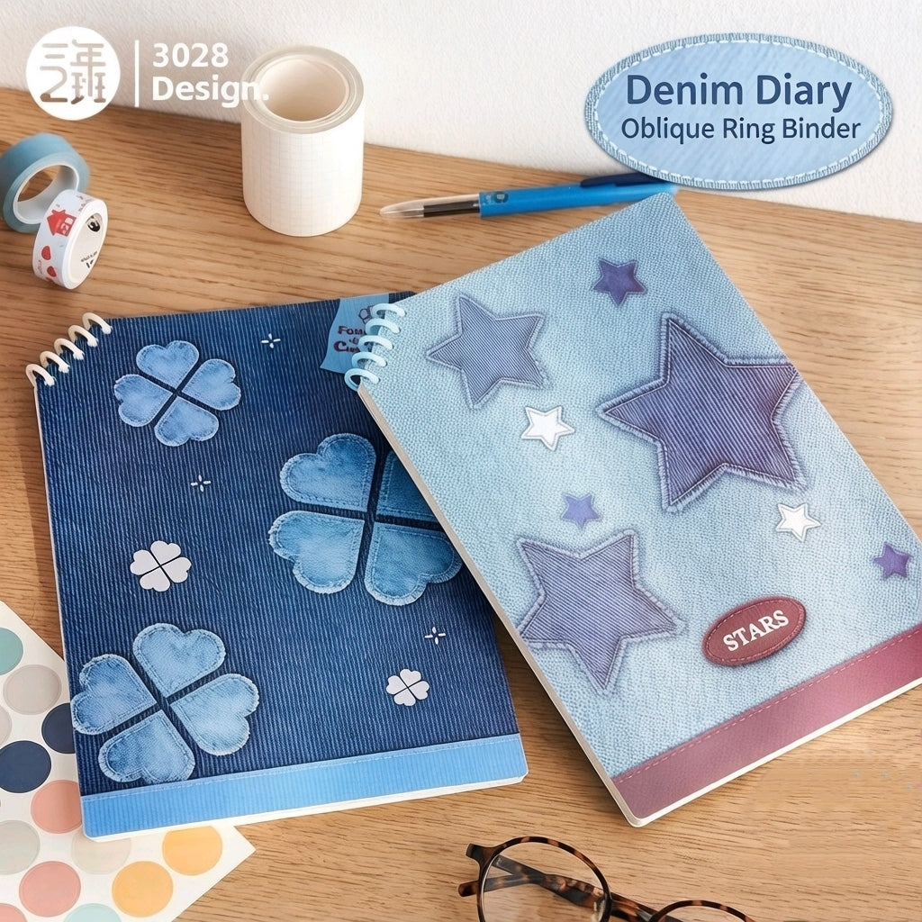 Design Denim Diary Oblique Ring Spiral Notebook 4-Pack – Kawaii Denim Patch Cover | Round Corner Ruled Notepad Set for Students | Apple, Stars, Clover & Denim Look