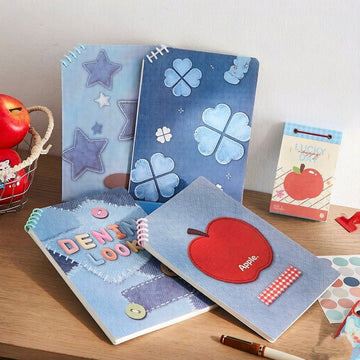 Design Denim Diary Oblique Ring Spiral Notebook 4-Pack – Kawaii Denim Patch Cover | Round Corner Ruled Notepad Set for Students | Apple, Stars, Clover & Denim Look