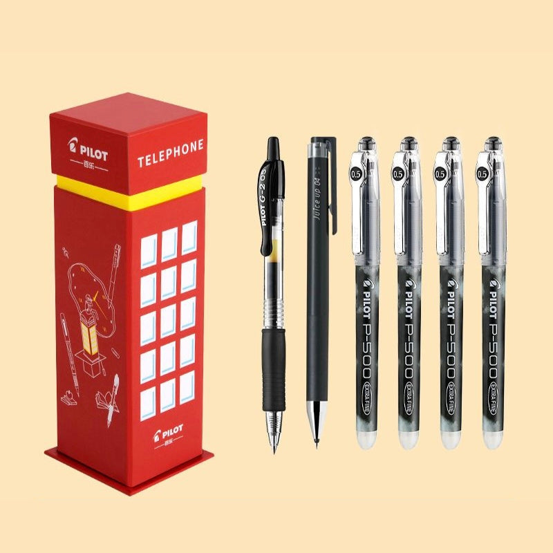 Pilot London Telephone Box Limited Edition Gift Set – 6-Pen Black Ink Collection | G-2 0.5mm + P-500 Extra Fine 0.5mm + Rolling Ball 0.4mm | Japan Student Exam Pen Gift