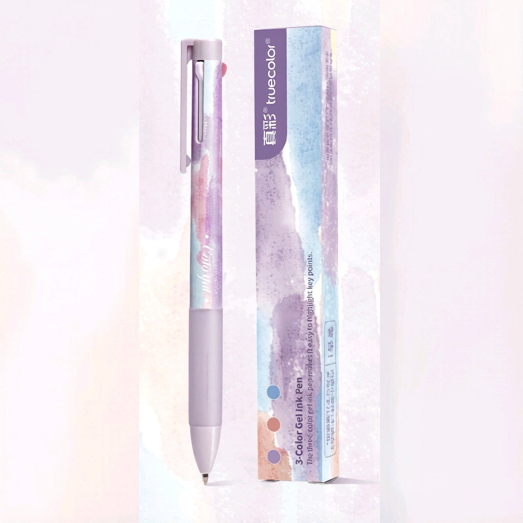 Truecolor 3-Colour Gel Ink Pen – Pack of 4 Aesthetic Designs, Click Retractable Multicolour Ballpoint for Study & Office