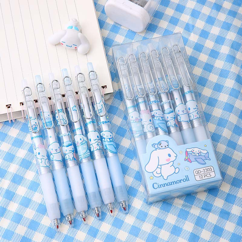 Cinnamoroll Style Gel Pen Set of 12 – Kawaii Click Pen with Metal C-Clip, Blue Gift Box QD-2303