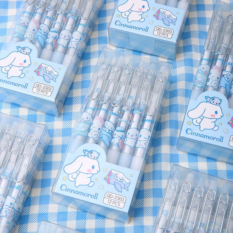 Cinnamoroll Style Gel Pen Set of 12 – Kawaii Click Pen with Metal C-Clip, Blue Gift Box QD-2303