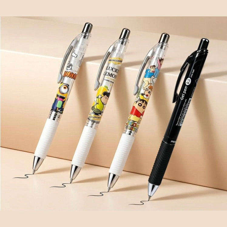 Cartoon Print Click Gel Pen 0.5 mm – Transparent Barrel, Soft White Grip, Fast-Dry Black Ink, Includes 2 Spare Refills