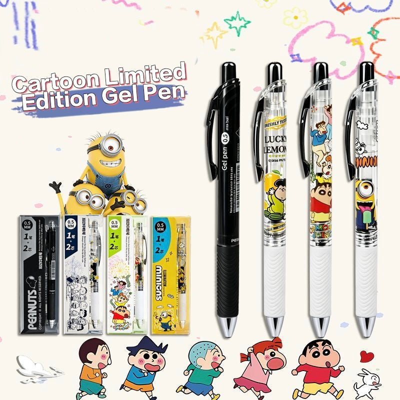 Cartoon Print Click Gel Pen 0.5 mm – Transparent Barrel, Soft White Grip, Fast-Dry Black Ink, Includes 2 Spare Refills