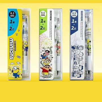 Cartoon Print Click Gel Pen 0.5 mm – Transparent Barrel, Soft White Grip, Fast-Dry Black Ink, Includes 2 Spare Refills