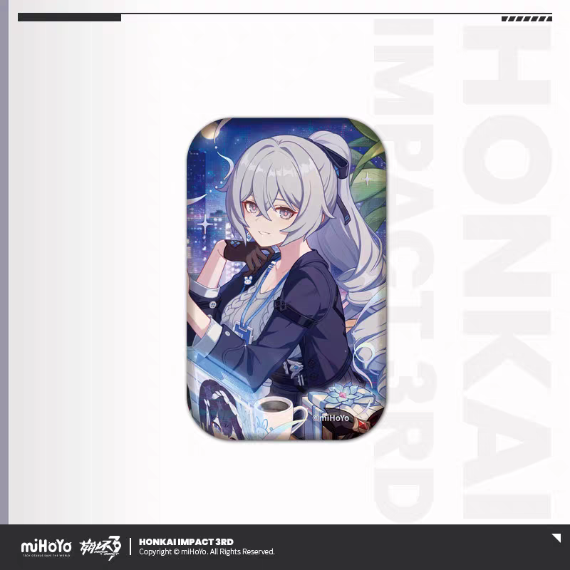 Honkai Impact 3rd birthday art tin badge - grey hair character with coffee night scene