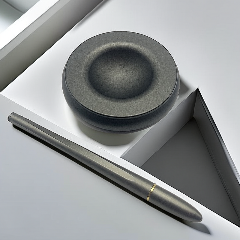 Magnetic levitating pen stand base top view with gunmetal gel pen beside it
