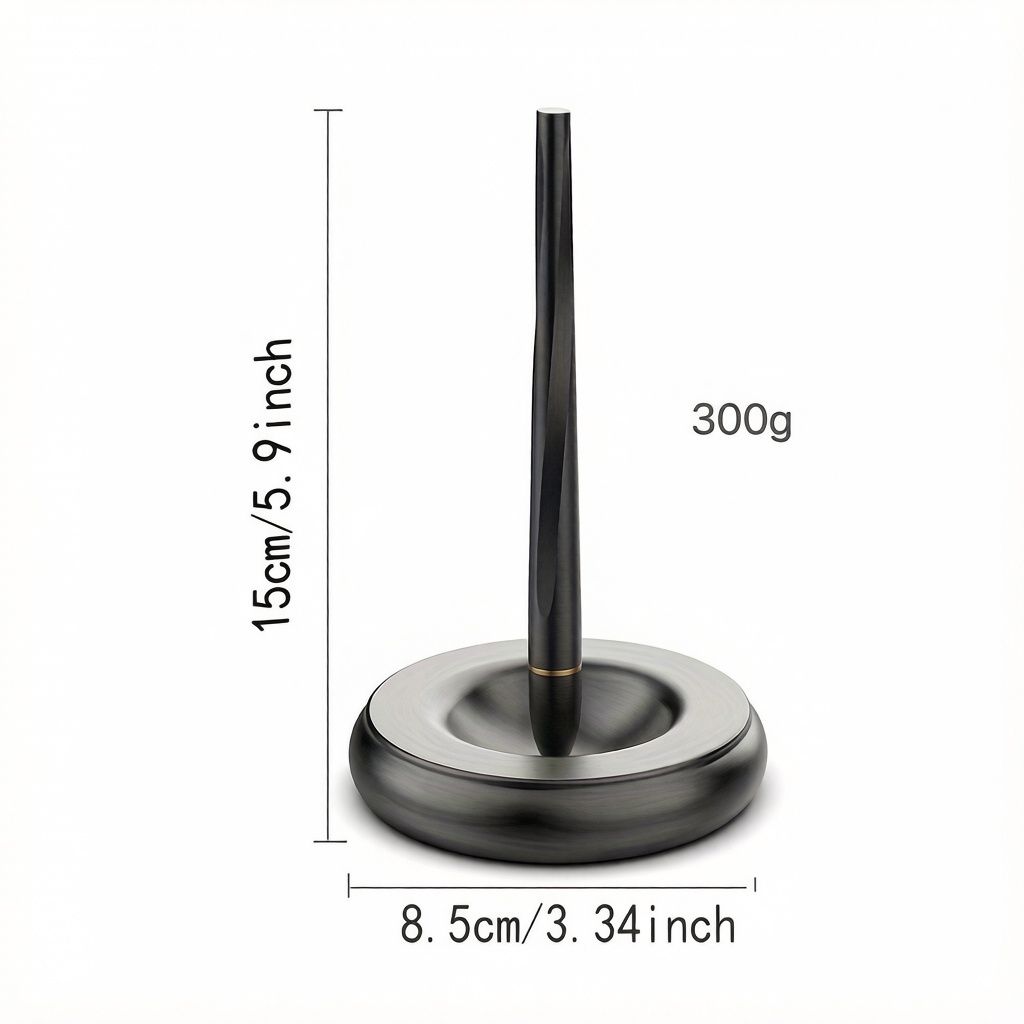 Magnetic levitating pen stand dimensions 15cm tall 8.5cm base 300g infographic