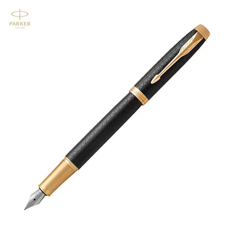 Parker IM Black Forest Fountain Pen with geometric grid barrel and gold trim