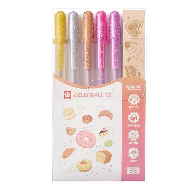 SAKURA Gelly Roll 08 warm-color glitter gel pen set with dessert-themed wooden stamp