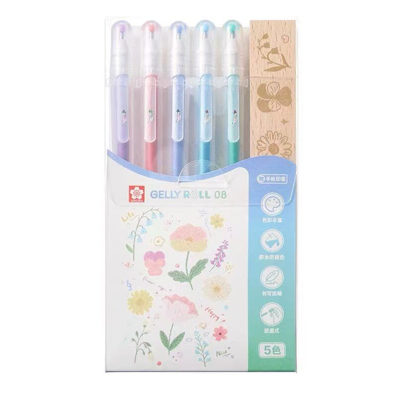 SAKURA Gelly Roll 08 pastel glitter gel pen set with floral-themed wooden stamp