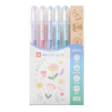 SAKURA Gelly Roll 08 pastel glitter gel pen set with floral-themed wooden stamp