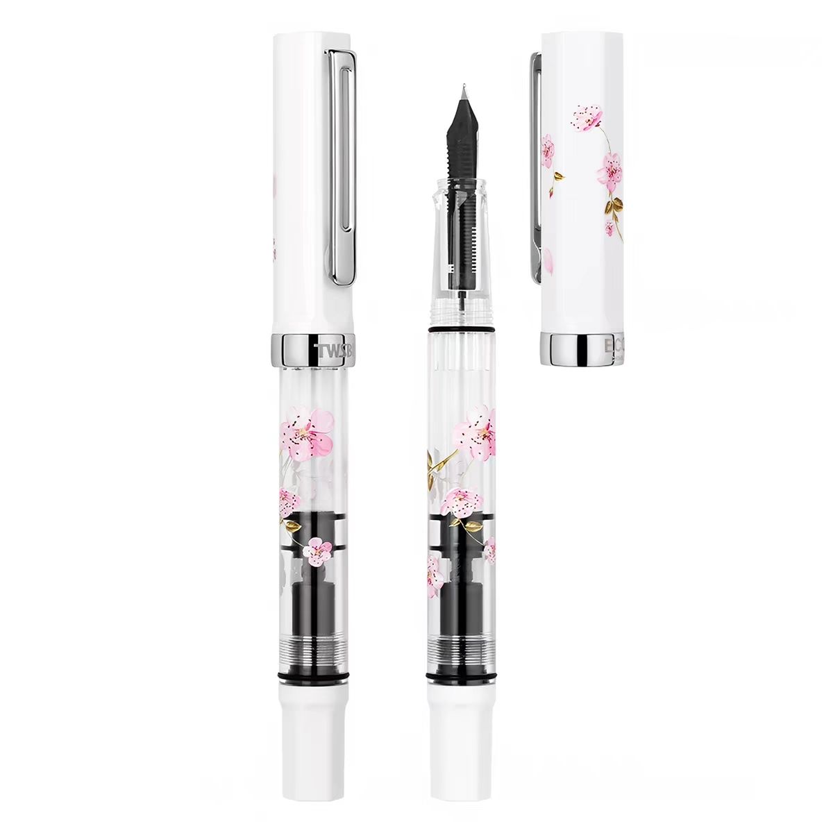 TWSBI ECO Sakura fountain pen with white cap and cherry blossom demonstrator barrel, capped and uncapped views