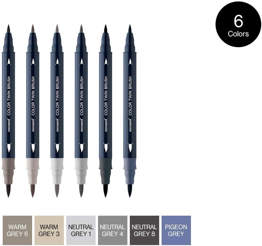 MONAMI Grey Mood Twin Brush Markers 6-Pack