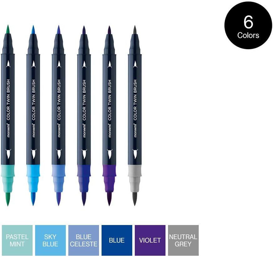 MONAMI Ocean Blue Twin Brush Markers 6-Pack
