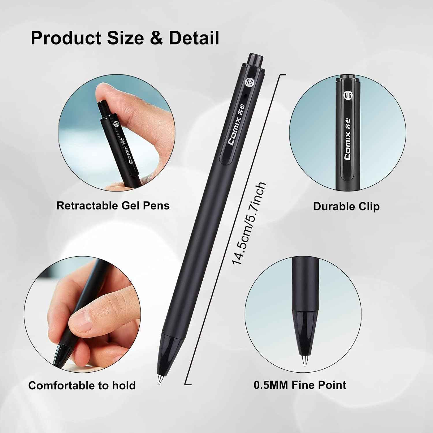 Comix 12pcs Retractable Gel Pens,Black Ink,0.5mm Medium Point - TTpen