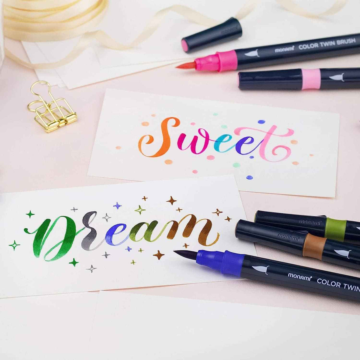 MONAMI Color Twin Brush Marker Pens,Pastel Color  6-Pack