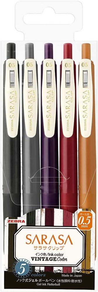 ZEBRA Sarasa Clip Gel Ink Ballpoint Pen 0.5mm,Vintage Colors,5 Set