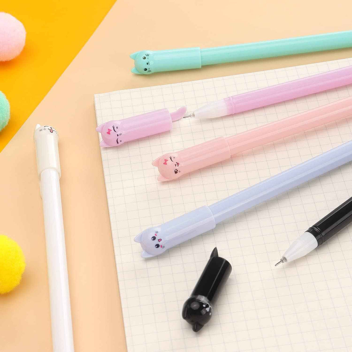6 Pack Colorful Cat Kawaii Gel Pens 0.5mm Black Ink - TTpen