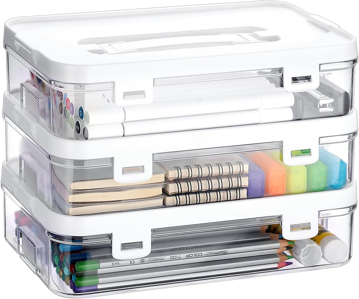 Clear Plastic Storage Container with Lid & Handle for Pencils Markers