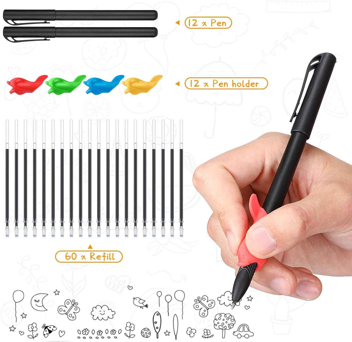 84Pcs Practice Pen Set 12 Ballpoint Pens,60 Refills and 12 Pen Holders - TTpen