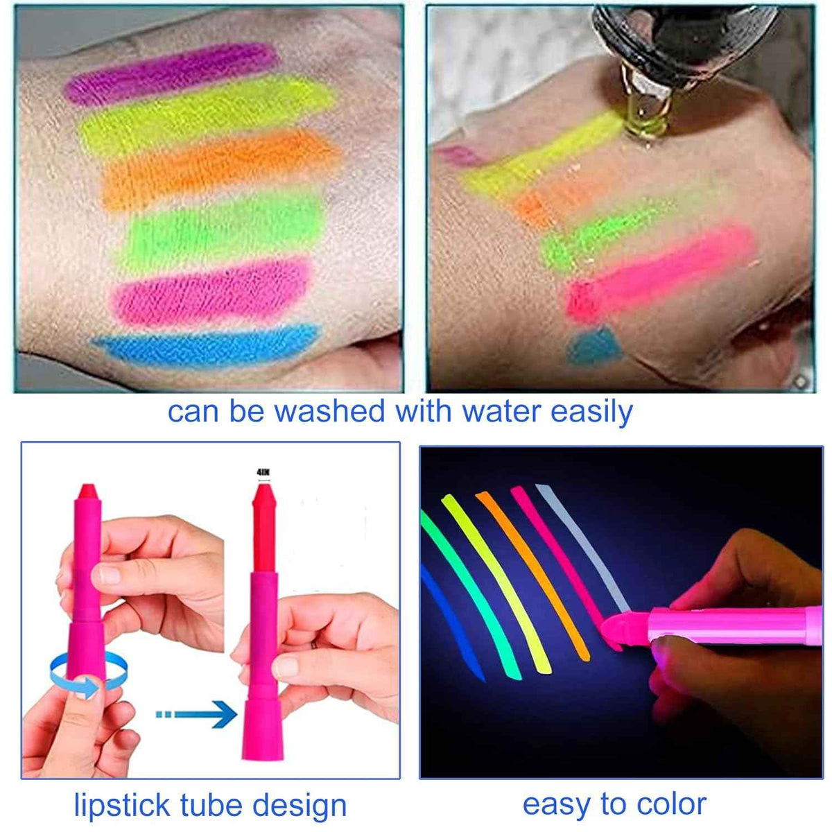 6 Color Glow in The Black Light UV Face Paint Crayon Markers for Kids - TTpen