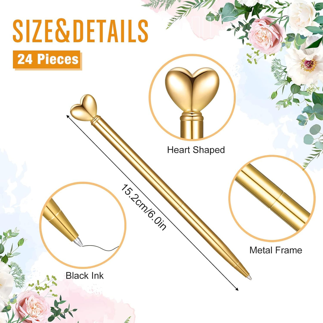 24Pcs Heart Shaped Retractable Metal Ballpoint Pens Gold