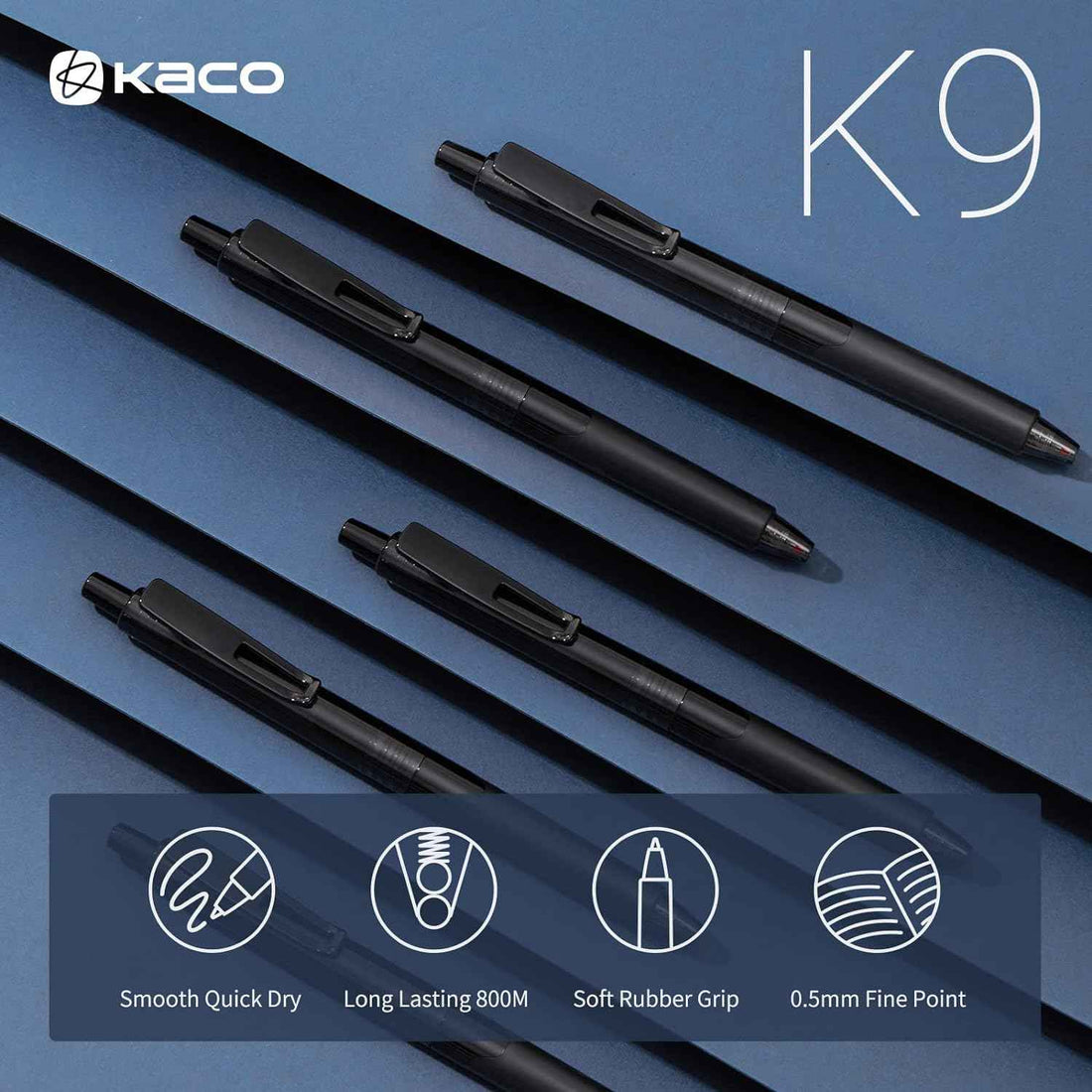 Kaco K9 Retractable Gel Pens Black Ink 0.5mm Fine Point,10 Pack - TTpen