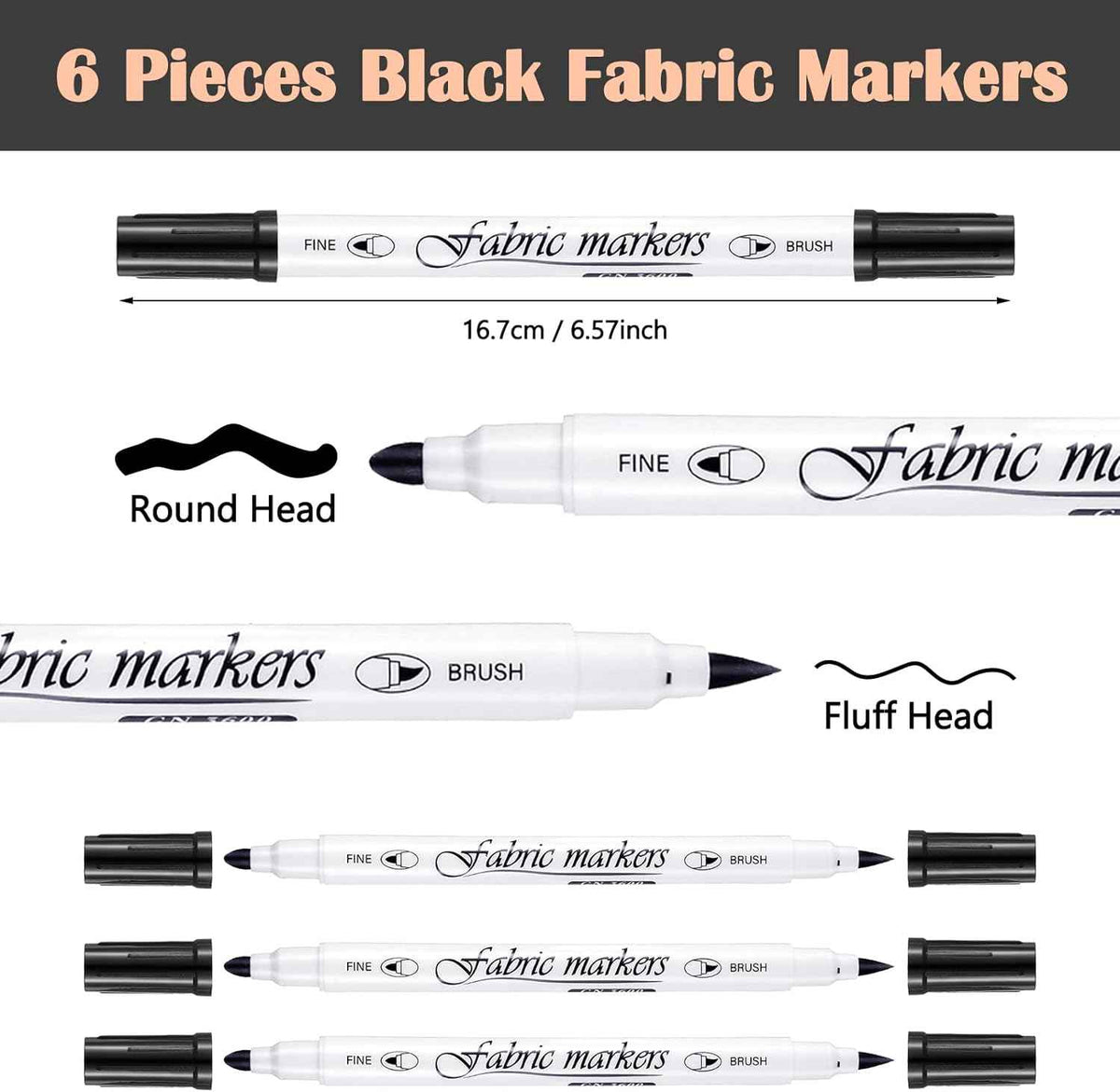 Guangna 6Pcs Fabric Markers Double Ended White Black Color - TTpen