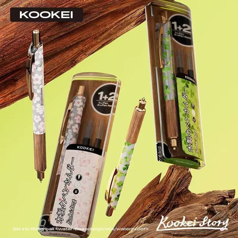 KOOKEI Wooden Cherry Blossom Gel Pen Set | 0.5mm Refillable