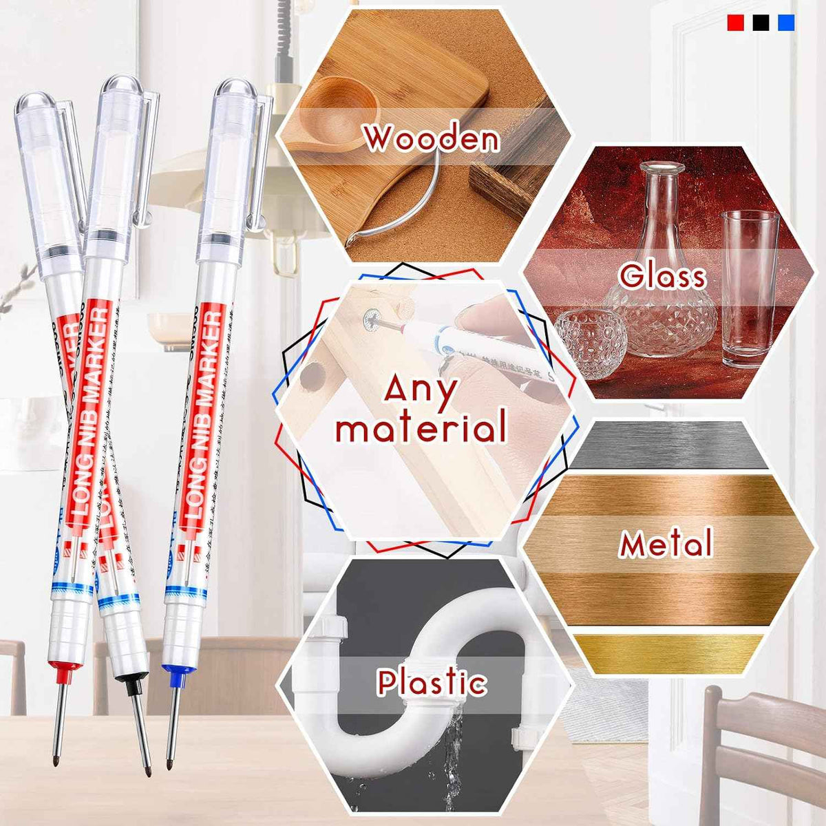 6PCS Deep Drill Hole Long Nib Waterproof Marker Pens Red Black Blue - TTpen
