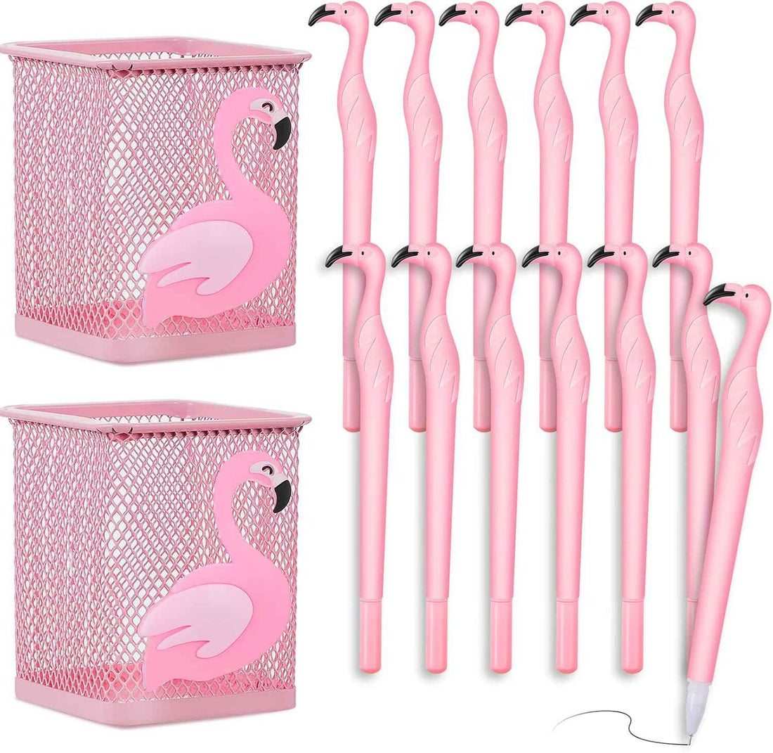 14Pcs Metal Flamingo Gel Pens and Pencil Holder Set Pink - TTpen