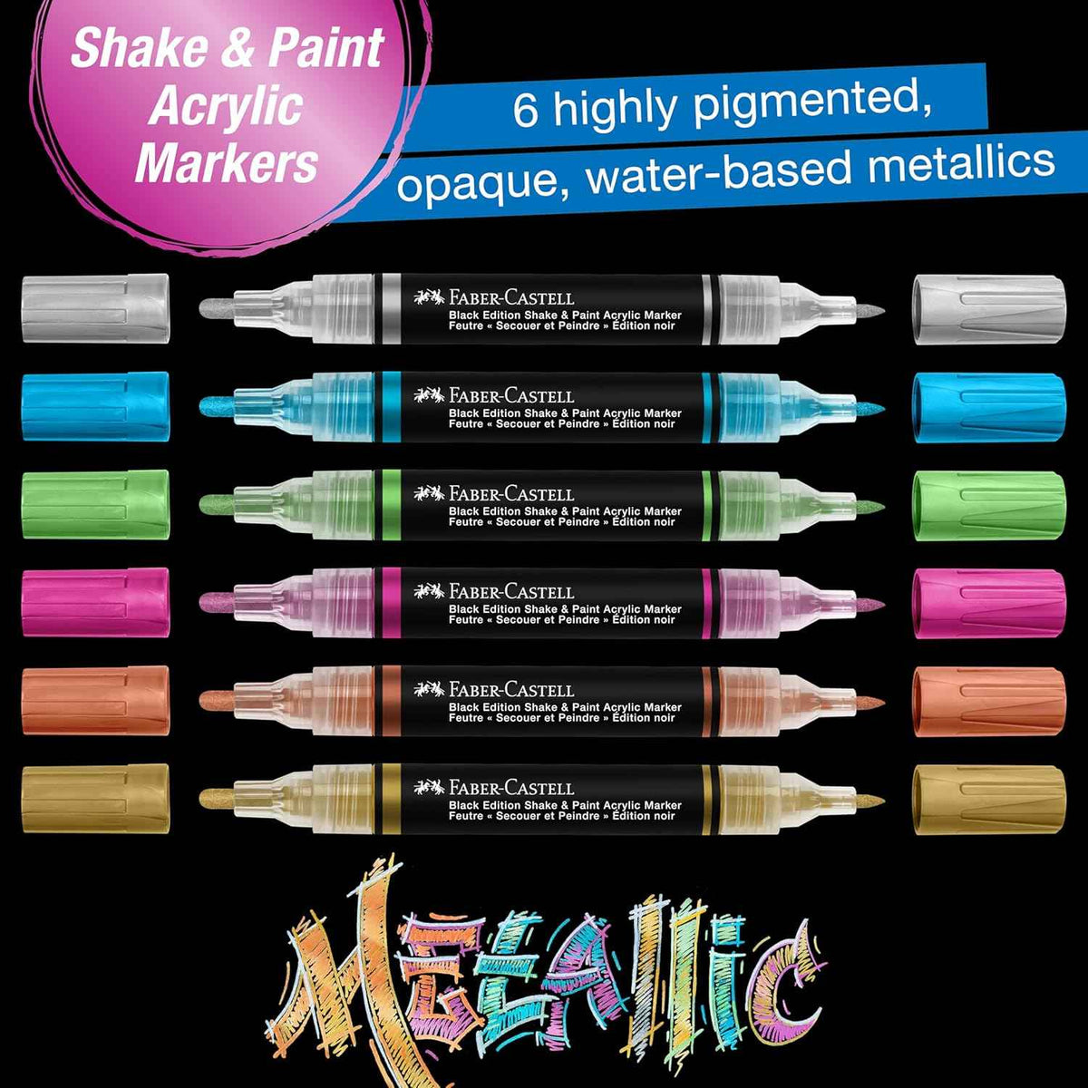 Faber-Castell Shake & Paint Acrylic Paint Markers 6 Color Metallic